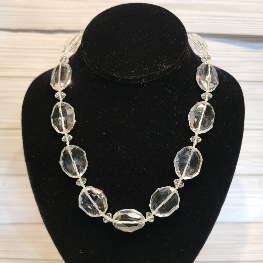 Chunky Clear Faceted Glass Bead Statement Necklace Silver Tone 18”